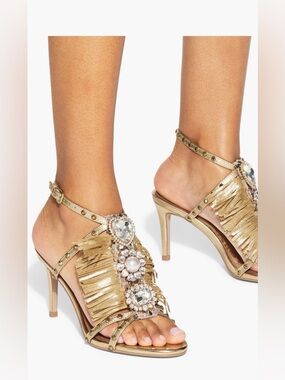 NIB Kurt Geiger London Jewel Fringe
Ankle Strap Sandal in Gold Leather. Size 9.